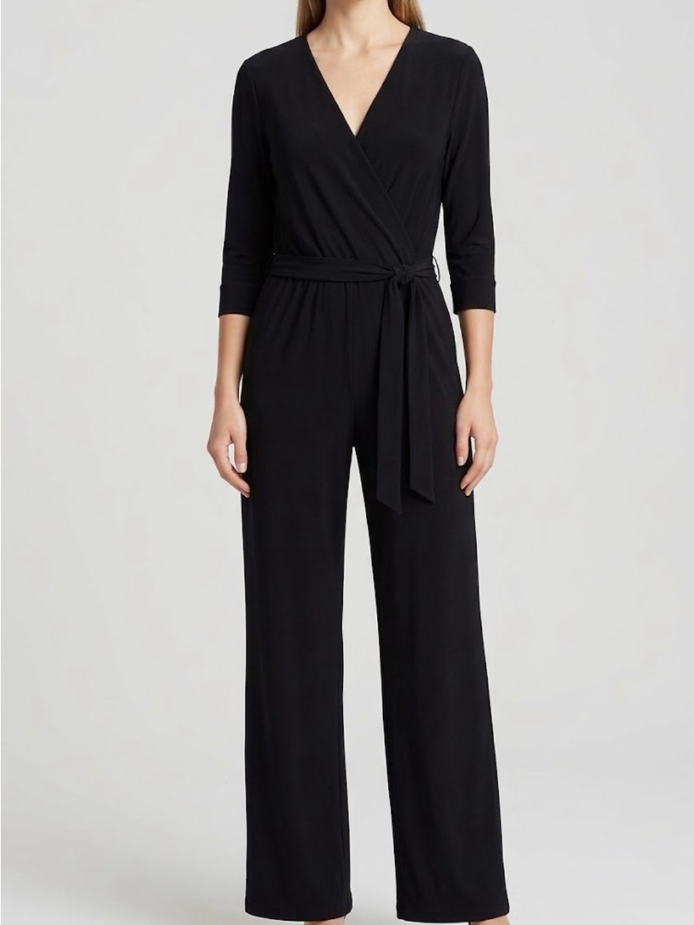 Emma & Michele Black Wrap-Front Jumpsuit with Self-Tie Waist